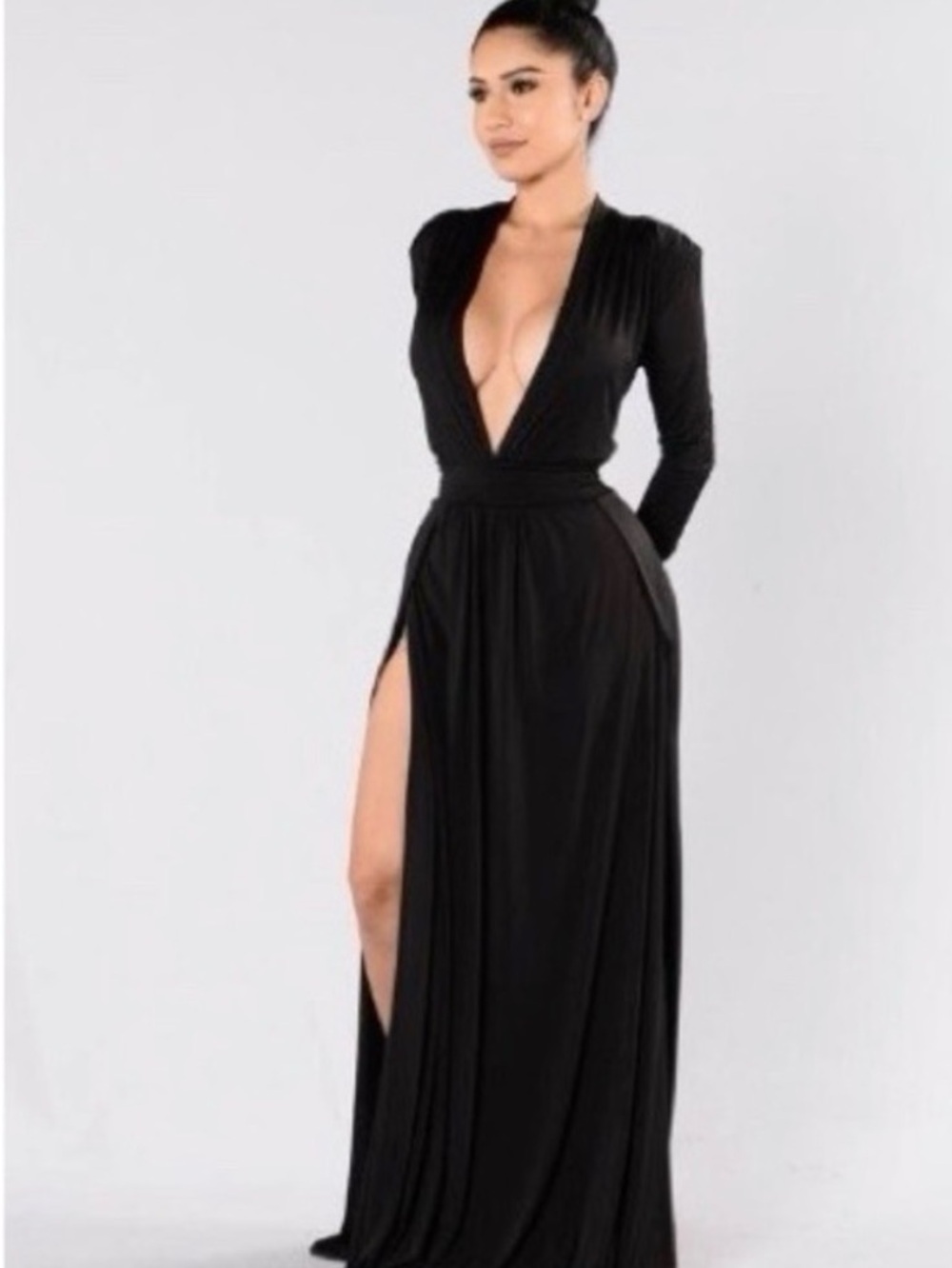 Elegant Black Deep-V Long Sleeve Maxi Dress with shoulder pads Fashion Nova
